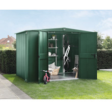 Geöffneter grüner Gartenschrank mit Fahrrad, Kinderrad und Regalen