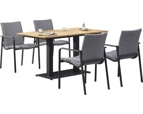 Esstischgruppe mit vier Stühlen, Tisch mit Holzplatte und Metallgestell