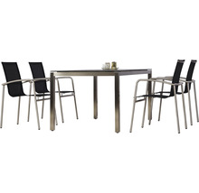 Gartentischgruppe mit Tisch und vier Stühlen aus Metall und Textilgewebe