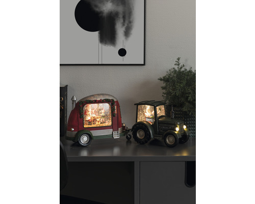 LED Wasserlaterne Konstsmide Karavan H 20 cm Lichtfarbe warmweiß batteriebetrieben inkl. 5 Stunden Timer Dekorative Schneekugel mit Weihnachtsmann im Wohnwagen, gezogen von einem Traktor