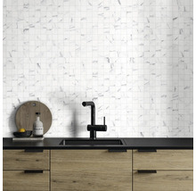 Küchenszene mit Mosaikfliesen, Spüle und Armatur