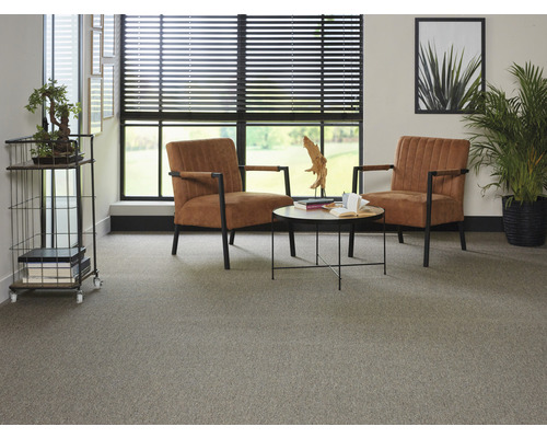 Wohnzimmer mit Teppichboden, zwei Sesseln und einem Tisch vor einem Fenster mit Jalousien