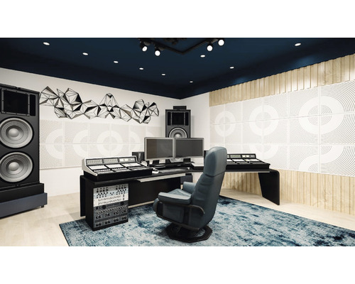 Audio-Aufnahmestudio mit Lautsprechern, Mischpulten und Akustikplatten