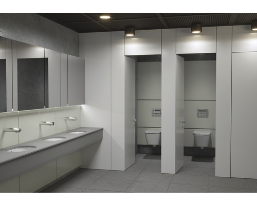 Öffentliche Toilette mit Waschbecken und Toilettenkabinen