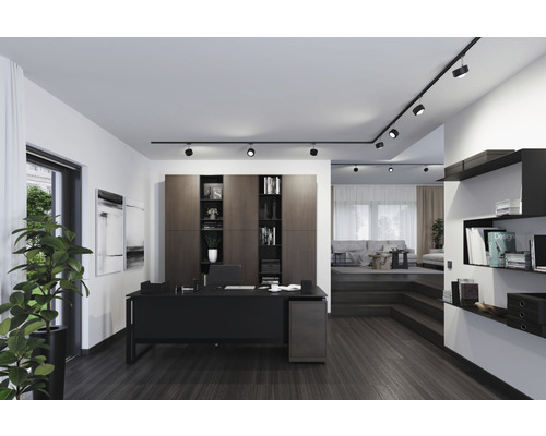 Modernes Arbeitszimmer mit Schreibtisch, Regal und Schienenstrahler