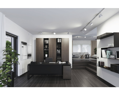 Büro mit Schreibtisch, Regal und Beleuchtung