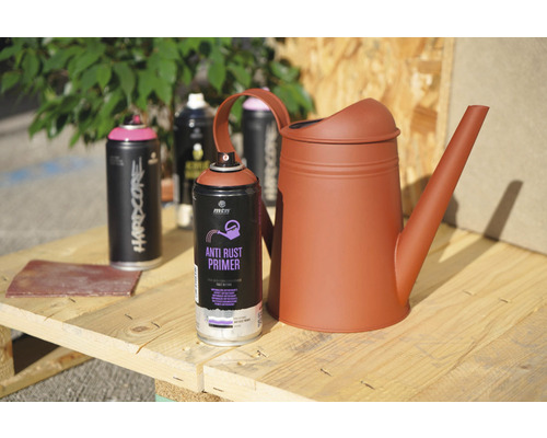 Sprühfarbe, Rostschutzgrundierung und Gießkanne auf einem Holztisch