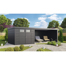 Gartenhaus Classico 3030 inkl. Lounge 4530 rechts mit Seitendach, Rück- und Seitenwand 782 x 318 cm granitgrau