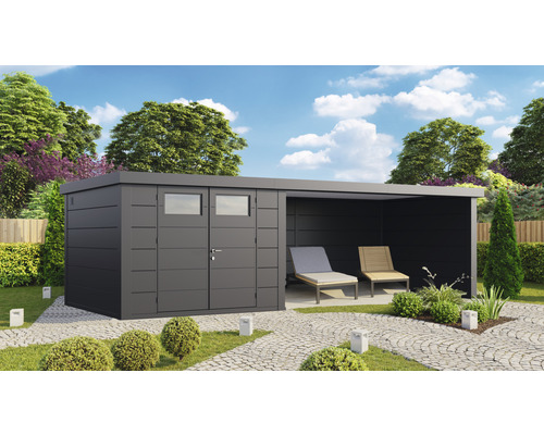 Gartenhaus Classico 3030 inkl. Lounge 4530 rechts mit Seitendach, Rück- und Seitenwand 782 x 318 cm granitgrau