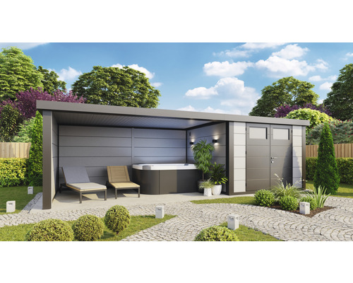 Gartenhaus Classico 3030 inkl. Lounge 4530 links mit Seitendach, Rück- und Seitenwand 760 x 298 cm weiß