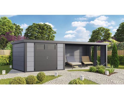 Gartenhaus Classico 3030 inkl. Lounge 4530 rechts mit Seitendach, Rück- und Seitenwand inkl. Fenster 782 x 318 cm lichtgrau