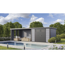 Gartenhaus Classico 3030 inkl. Lounge 4530 links mit Seitendach, Rück- und Seitenwand inkl. Fenster 782 x 318 cm lichtgrau