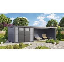 Gartenhaus Classico 3330 inkl. Lounge 4530 rechts mit Seitendach, Rück- und Seitenwand 812 x 318 cm lichtgrau