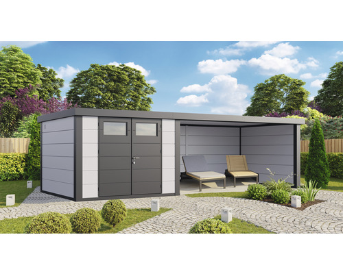 Gartenhaus Classico 3330 inkl. Lounge 4530 rechts mit Seitendach, Rück- und Seitenwand 792 x 298 cm weiß