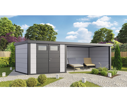 Gartenhaus Classico 3330 inkl. Lounge 4530 rechts mit Seitendach, Rück- und Seitenwand 812 x 318 cm weiß