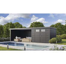 Gartenhaus Classico 3330 inkl. Lounge 4530 links mit Seitendach, Rück- und Seitenwand 812 x 318 cm granitgrau