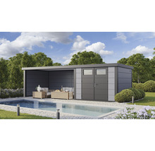 Gartenhaus Classico 3330 inkl. Lounge 4530 links mit Seitendach, Rück- und Seitenwand 812 x 318 cm lichtgrau
