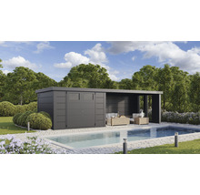 Gartenhaus Classico 3330 inkl. Lounge 4530 rechts mit Seitendach, Rück- und Seitenwand inkl. Fenster 812 x 318 cm granitgrau