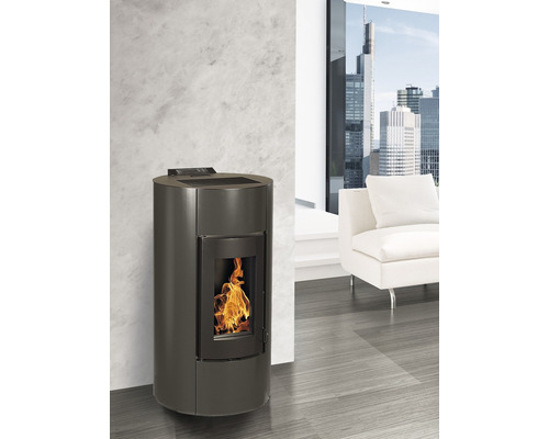 Pellet-Ofen in einem hellen Wohnraum mit Stadtblick