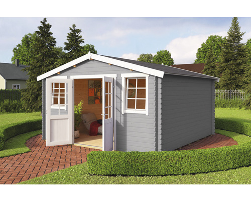 Gartenhaus Wels 4 Doppeltür inkl. Fußboden 425,1 x 410 cm lichtgrau Gartenhaus aus Holz mit Doppeltür und Fenstern