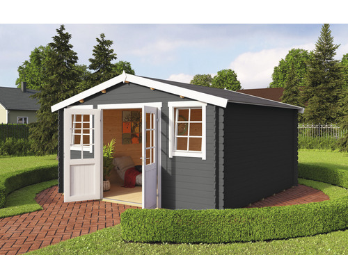 Gartenhaus Wels 4 Doppeltür inkl. Fußboden 425,1 x 410 cm carbongrau Gartenhaus mit geöffneten Doppeltüren und Fenstern