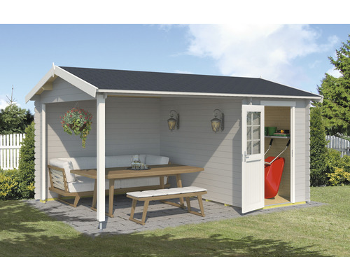 Gartenhaus Wibo inkl. Fußboden 465 x 337,8 cm lichtgrau Gartenhaus mit überdachter Terrasse, Gartenmöbeln und Geräteschuppen