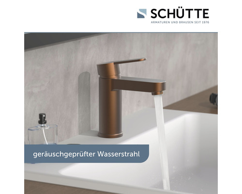 Schütte Logo. Einzelner Wasserhahn mit fließendem Wasser.