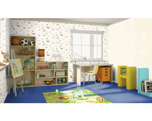 Kinderzimmer mit Möbeln, Schreibtisch und Dinosaurier Tapete