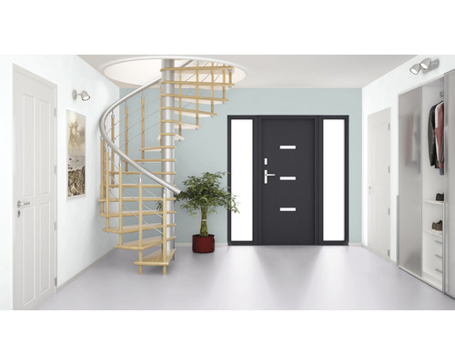 Heller Flur mit Wendeltreppe, Eingangstür und Garderobenschrank
