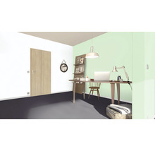 Arbeitszimmer mit Schreibtisch, Stuhl, Lampe, Regal und Tür