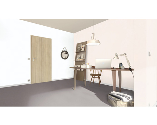 Büro mit Holztisch, Stuhl, Regalen und Tür