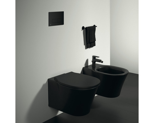 Wandhängendes WC und Bidet in einem Badezimmer mit Betätigungsplatte und Handtuchhalter.