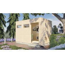 Holzgartenhaus mit Fenster und offener Tür in einem Garten
