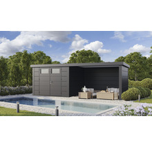 Gartenhaus Classico 3330 inkl. Lounge 3330 rechts mit Seitendach, Rück- und Seitenwand 691 x 318 cm granitgrau