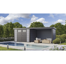 Gartenhaus Classico 3330 inkl. Lounge 3330 rechts mit Seitendach, Rück- und Seitenwand 691 x 318 cm lichtgrau