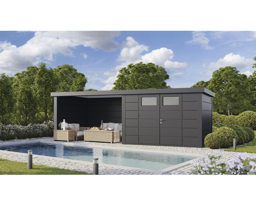 Gartenhaus Classico 3330 inkl. Lounge 3330 links mit Seitendach, Rück- und Seitenwand 691 x 318 cm granitgrau