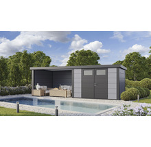Gartenhaus Classico 3330 inkl. Lounge 3330 links mit Seitendach, Rück- und Seitenwand 691 x 318 cm lichtgrau