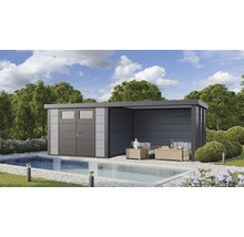 Gartenhaus Classico 3030 inkl. Lounge 3330 rechts mit Seitendach, Rück- und Seitenwand inkl. Fenster 662 x 318 cm lichtgrau