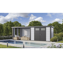 Gartenhaus Classico 3030 inkl. Lounge 3330 links mit Seitendach, Rück- und Seitenwand inkl. Fenster 662 x 318 cm weiß
