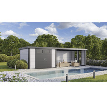 Gartenhaus Classico 3330 inkl. Lounge 3330 rechts mit Seitendach, Rück- und Seitenwand inkl. Fenster 691 x 318 cm weiß