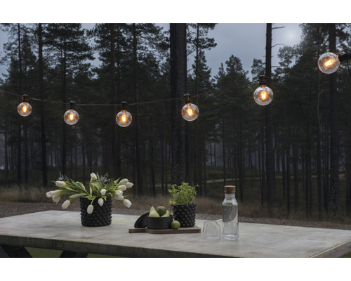Szene mit einer Lichterkette, Blumen und Getränken auf einem Tisch im Freien vor einem Wald