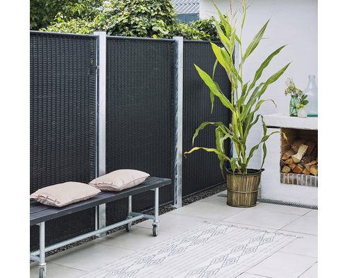 Gartenszene mit Sichtschutzzaun, Bank, Pflanze und Gartendekoration für einen stilvollen Außenbereich
