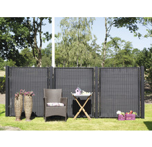 Gartenszene mit Sichtschutzzaun, Rattansessel und Gartentisch