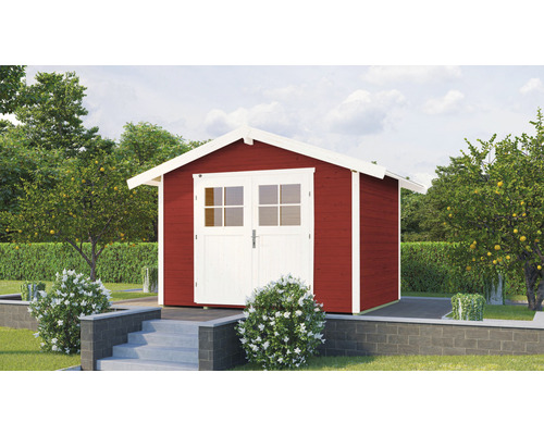 Gartenhaus weka 122 Gr. 5 inkl. Fußboden 380 x 324 cm schwedenrot Rotes Gartenhaus mit Doppeltür und weißen Akzenten im Garten