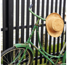 Grünes Fahrrad mit Strohhut lehnt an schwarzem Holzzaun