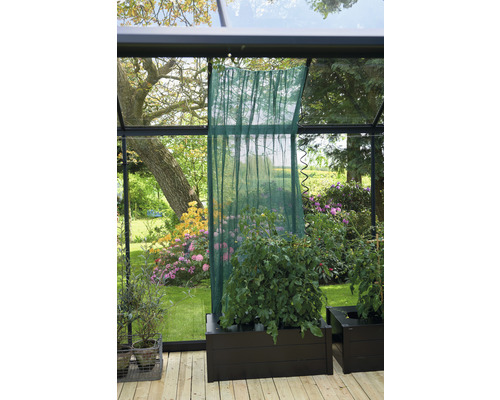 Gewächshaus mit Beschattungssystem und Bepflanzung in Pflanzkästen