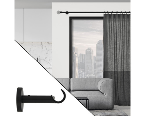Gardinenstange mit Halterung in einem Wohnzimmer mit Stadtblick