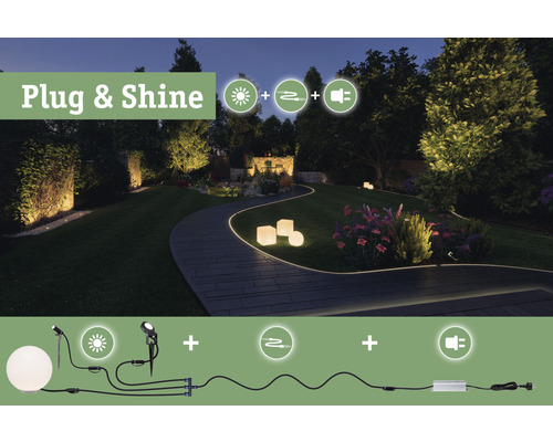 Beleuchteter Garten mit Plug and Shine System für Aussenbeleuchtung