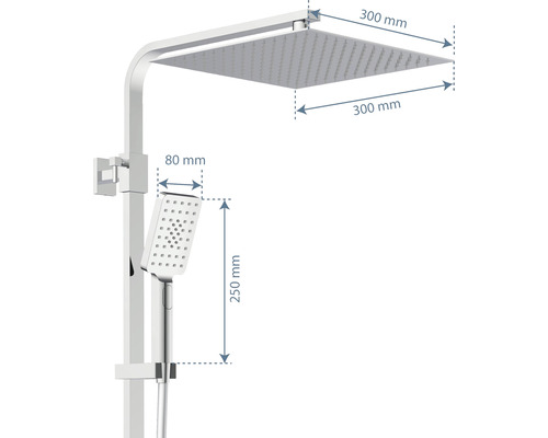 Duschsäule mit Kopf- und Handbrause sowie Maßangaben