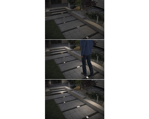 Außenbereich mit Bodenstrahlern zur Beleuchtung von Wegen und Stufen